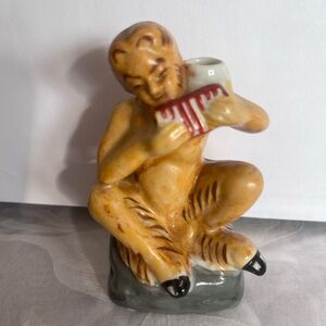 Intricate Brown and Gray Satyr or faun with flute Sculpture occupied Japan